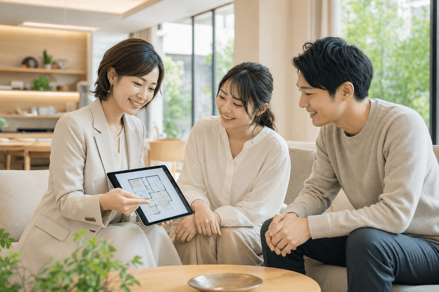 お客様と一緒に間取りを確認するコンシェルジュ